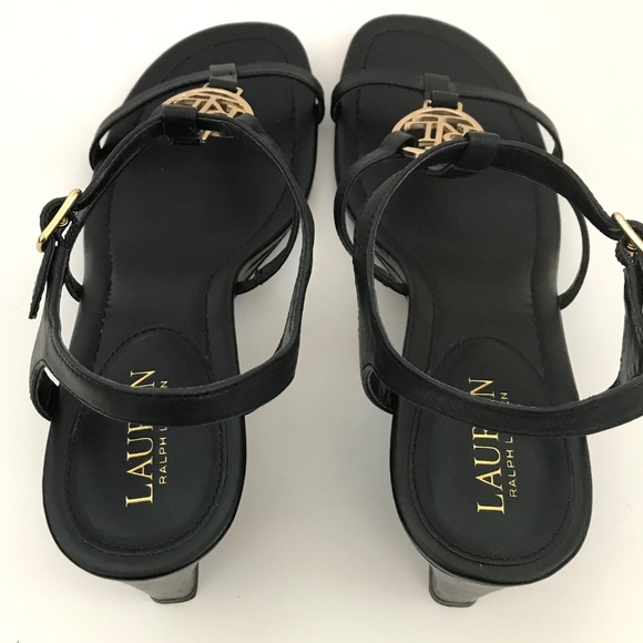 LAUREN RALPH LAUREN Elina Leather Heeled Wedge Sandals Black Women’s Size 9.5 - Picture 10 of 16